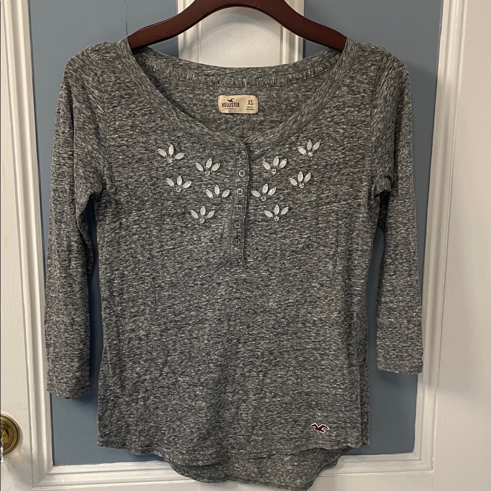 Vintage Y2K Hollister Beaded Embellished Iconic Henley Top Marled Gray